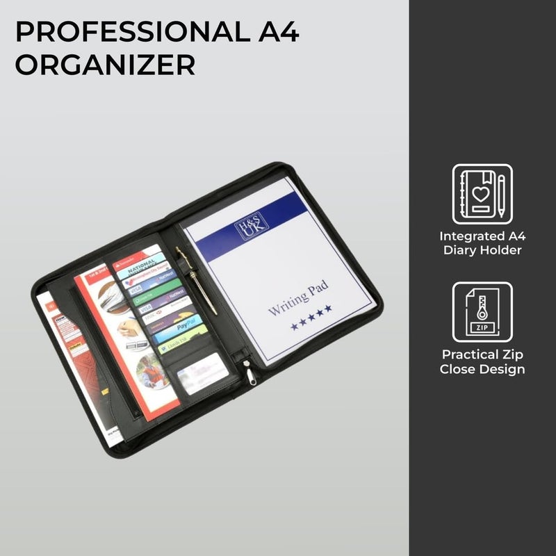 H&S A4 Portfolio Folder with Ring Binder Mechanism - Leather Conference Padfolio with Legal Writing Pad - A4 Document Folder with 11 Business Card Slots for Men - Image 4